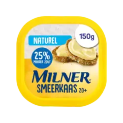 Milner Smeerkaas is lekker romig van smaak en is bovendien 65% minder vet dan volvette smeerkaas. Daarnaast bevat Milner Smeerkaas nu 25% minder zout dan de meeste andere smeerkazen. Lekker gezond smeren dus! Uitgebreide productinformatie Productomschrijving Smeerkaas 20+ Naturel Voedingswaarden per 100g product Energie 565 kJ/ 135 kcal Vet 7.0 g waarvan verzadigd 4.5 g Koolhydraten 1.0 g waarvan suikers 1.0 g Eiwitten 17.0 g Zout 1.5 g Calcium 548 mg 69% DRI* Vitamine B12 0.40 µg 16% DRI* Deze verpakking bevat 10 porties (15 g). *(Dagelijkse) referentie-inname van een gemiddelde volwassene (8400 kJ/2000 kcal). Dagelijkse Voedingsrichtlijn (GDA) Portie (15g) Energie 20 kcal 1% Per 100 g: 565kJ / 135kcal (Dagelijkse) referentie-inname van eaMilner Smeerkaas 20+ Naturel 150gat Melk