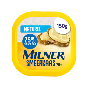 Milner Smeerkaas is lekker romig van smaak en is bovendien 65% minder vet dan volvette smeerkaas. Daarnaast bevat Milner Smeerkaas nu 25% minder zout dan de meeste andere smeerkazen. Lekker gezond smeren dus! Uitgebreide productinformatie Productomschrijving Smeerkaas 20+ Naturel Voedingswaarden per 100g product Energie 565 kJ/ 135 kcal Vet 7.0 g waarvan verzadigd 4.5 g Koolhydraten 1.0 g waarvan suikers 1.0 g Eiwitten 17.0 g Zout 1.5 g Calcium 548 mg 69% DRI* Vitamine B12 0.40 µg 16% DRI* Deze verpakking bevat 10 porties (15 g). *(Dagelijkse) referentie-inname van een gemiddelde volwassene (8400 kJ/2000 kcal). Dagelijkse Voedingsrichtlijn (GDA) Portie (15g) Energie 20 kcal 1% Per 100 g: 565kJ / 135kcal (Dagelijkse) referentie-inname van eaMilner Smeerkaas 20+ Naturel 150gat Melk
